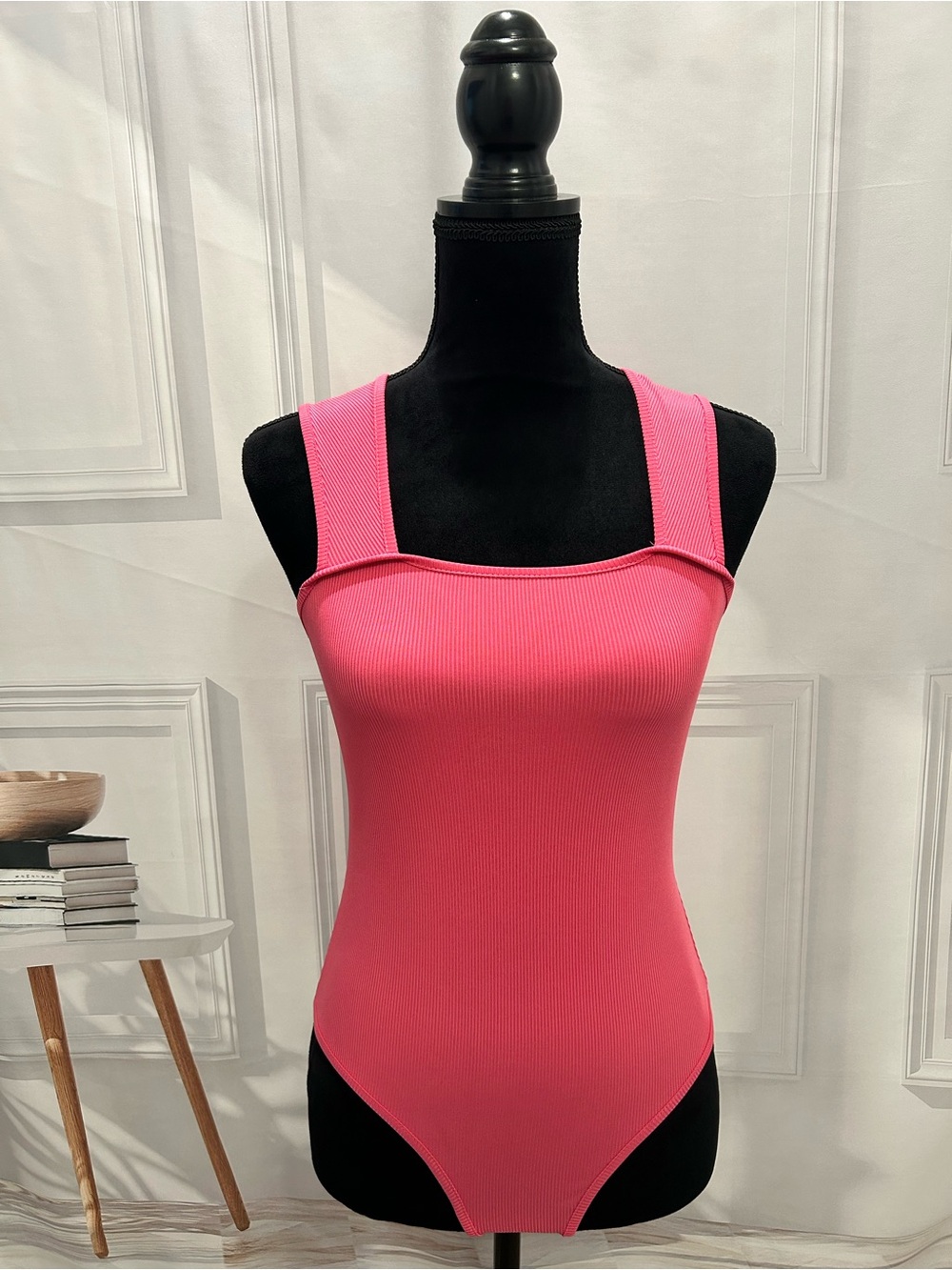 Vivid Pink Ribbed Body Suit Square-Neck Size 2